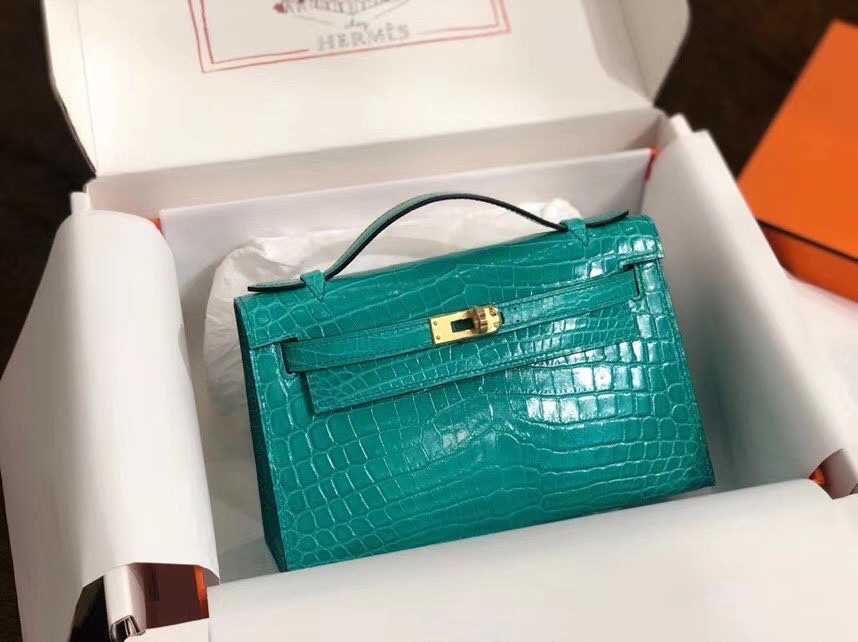 Hermes Mini Kelly Pochette 22cm Bag In Blue Paon Shiny Alligator Leather